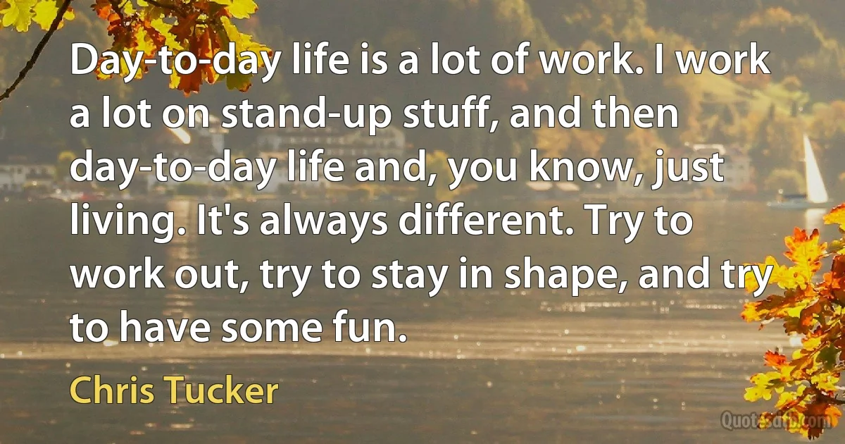 Day-to-day life is a lot of work. I work a lot on stand-up stuff, and then day-to-day life and, you know, just living. It's always different. Try to work out, try to stay in shape, and try to have some fun. (Chris Tucker)