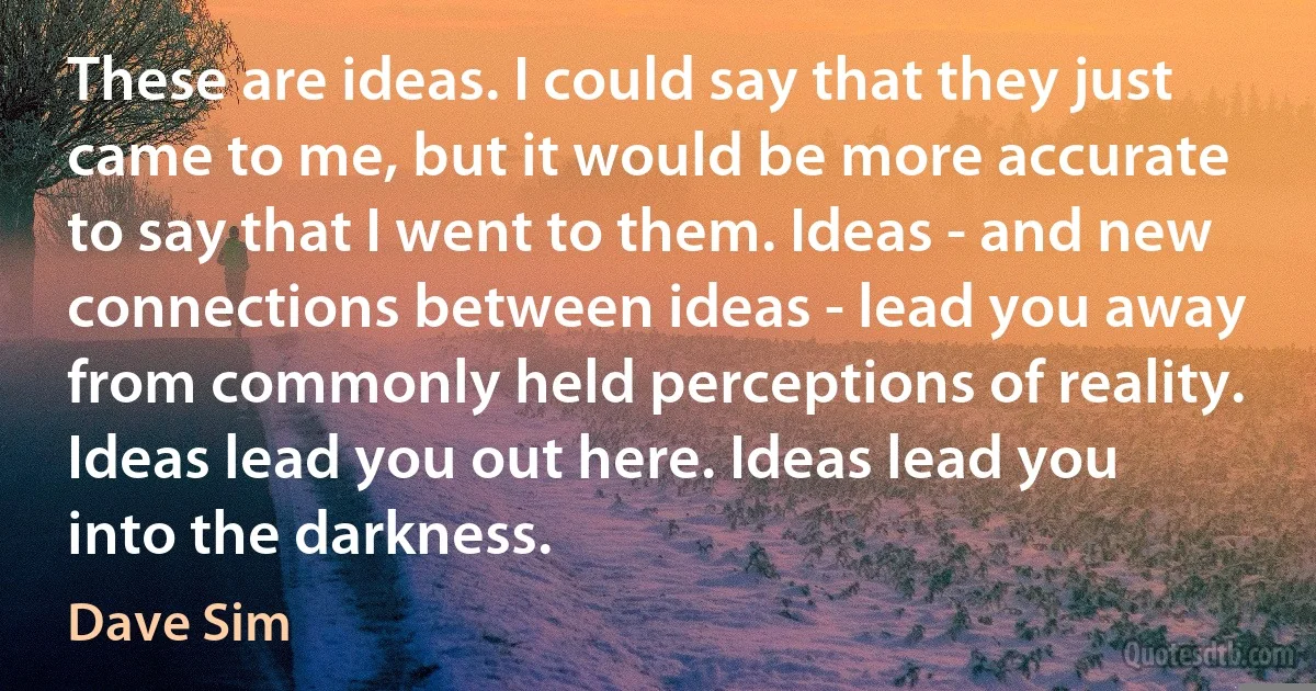 These are ideas. I could say that they just came to me, but it would be more accurate to say that I went to them. Ideas - and new connections between ideas - lead you away from commonly held perceptions of reality. Ideas lead you out here. Ideas lead you into the darkness. (Dave Sim)