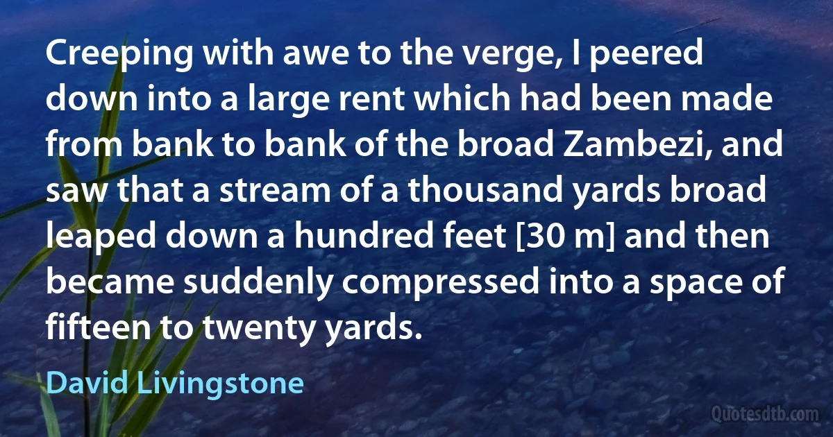 Creeping with awe to the verge, I peered down into a large rent which had been made from bank to bank of the broad Zambezi, and saw that a stream of a thousand yards broad leaped down a hundred feet [30 m] and then became suddenly compressed into a space of fifteen to twenty yards. (David Livingstone)