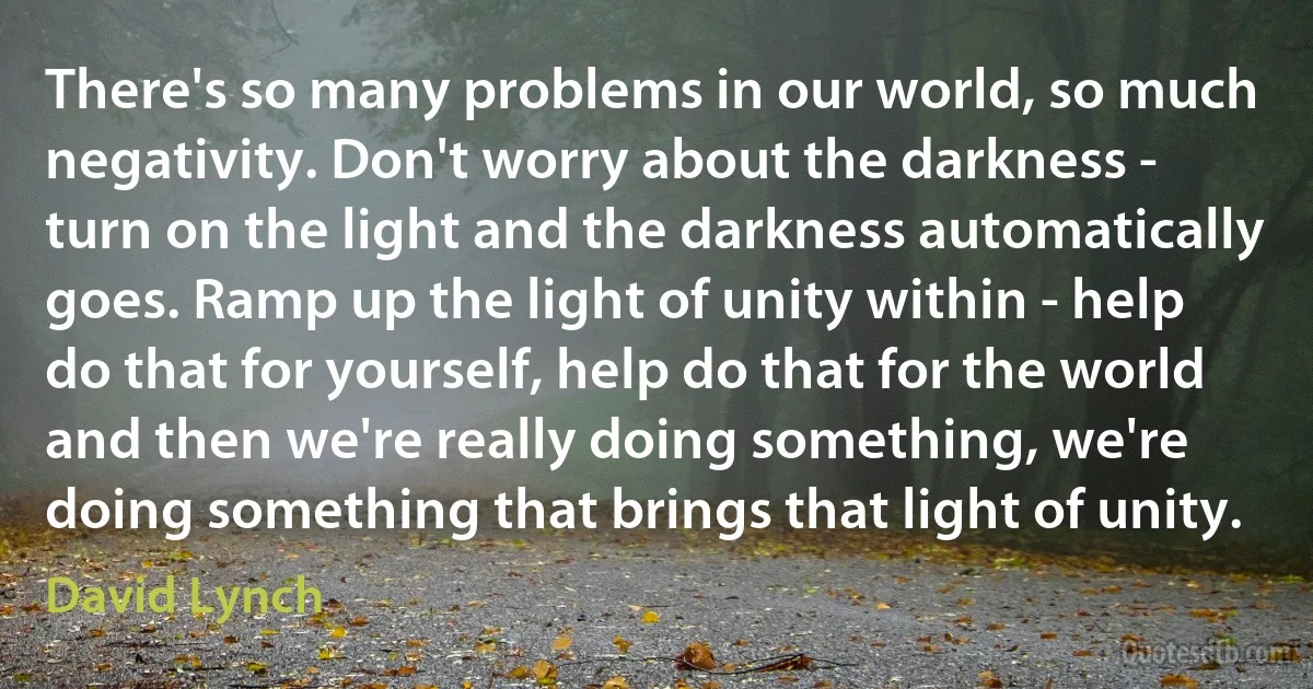 There's so many problems in our world, so much negativity. Don't worry about the darkness - turn on the light and the darkness automatically goes. Ramp up the light of unity within - help do that for yourself, help do that for the world and then we're really doing something, we're doing something that brings that light of unity. (David Lynch)