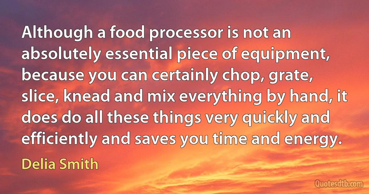 Although a food processor is not an absolutely essential piece of equipment, because you can certainly chop, grate, slice, knead and mix everything by hand, it does do all these things very quickly and efficiently and saves you time and energy. (Delia Smith)