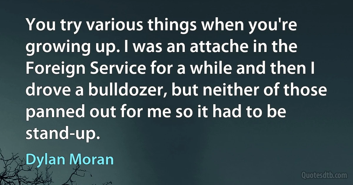 You try various things when you're growing up. I was an attache in the Foreign Service for a while and then I drove a bulldozer, but neither of those panned out for me so it had to be stand-up. (Dylan Moran)