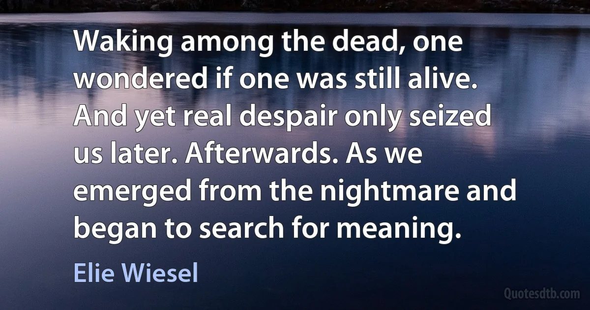 Waking among the dead, one wondered if one was still alive. And yet real despair only seized us later. Afterwards. As we emerged from the nightmare and began to search for meaning. (Elie Wiesel)