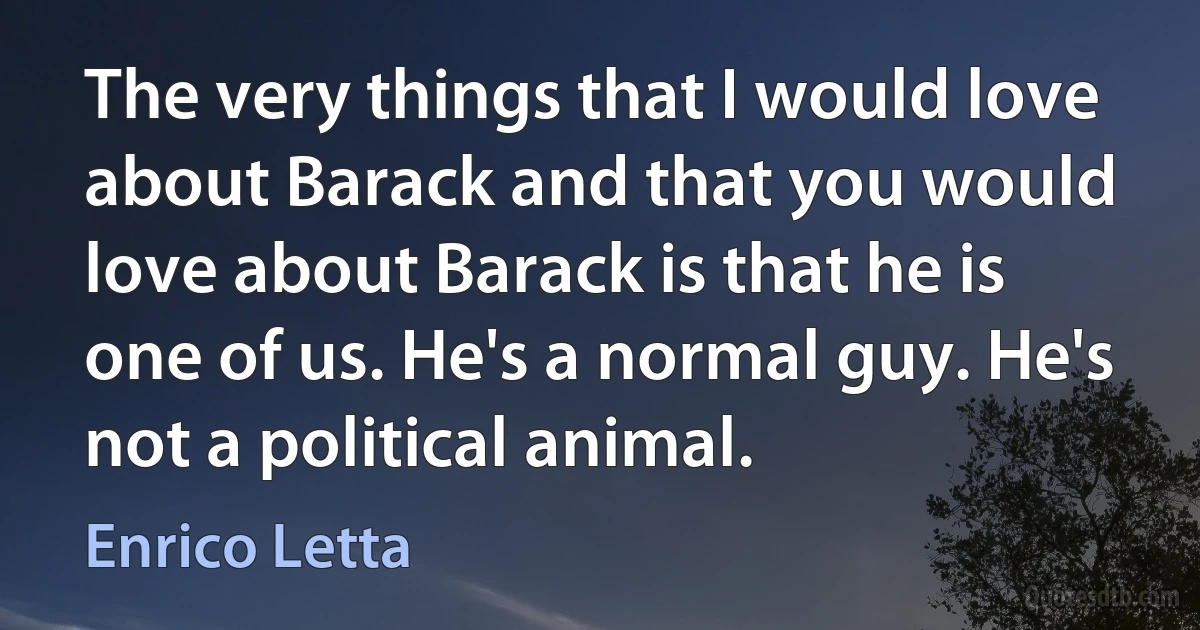 The very things that I would love about Barack and that you would love about Barack is that he is one of us. He's a normal guy. He's not a political animal. (Enrico Letta)