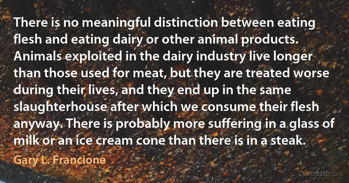 There is no meaningful distinction between eating flesh and eating dairy or other animal products. Animals exploited in the dairy industry live longer than those used for meat, but they are treated worse during their lives, and they end up in the same slaughterhouse after which we consume their flesh anyway. There is probably more suffering in a glass of milk or an ice cream cone than there is in a steak. (Gary L. Francione)