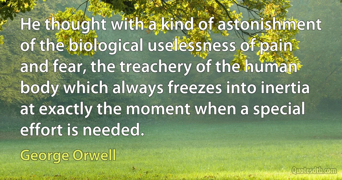 He thought with a kind of astonishment of the biological uselessness of pain and fear, the treachery of the human body which always freezes into inertia at exactly the moment when a special effort is needed. (George Orwell)