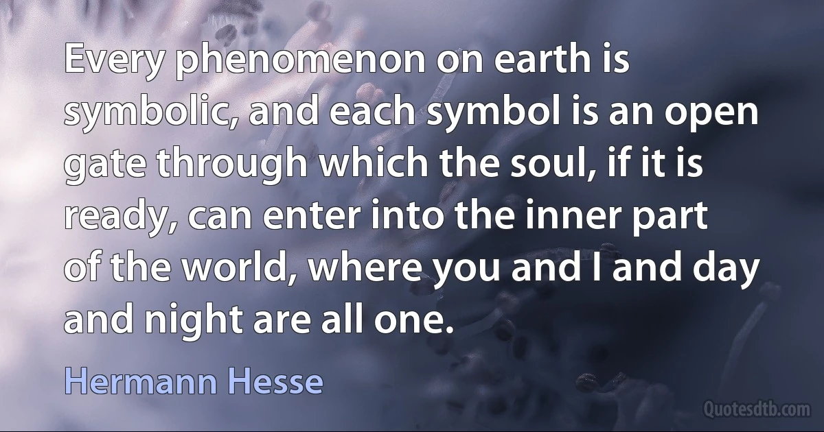 Every phenomenon on earth is symbolic, and each symbol is an open gate through which the soul, if it is ready, can enter into the inner part of the world, where you and I and day and night are all one. (Hermann Hesse)