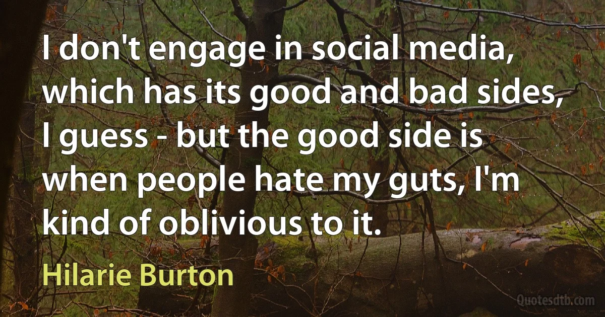 I don't engage in social media, which has its good and bad sides, I guess - but the good side is when people hate my guts, I'm kind of oblivious to it. (Hilarie Burton)