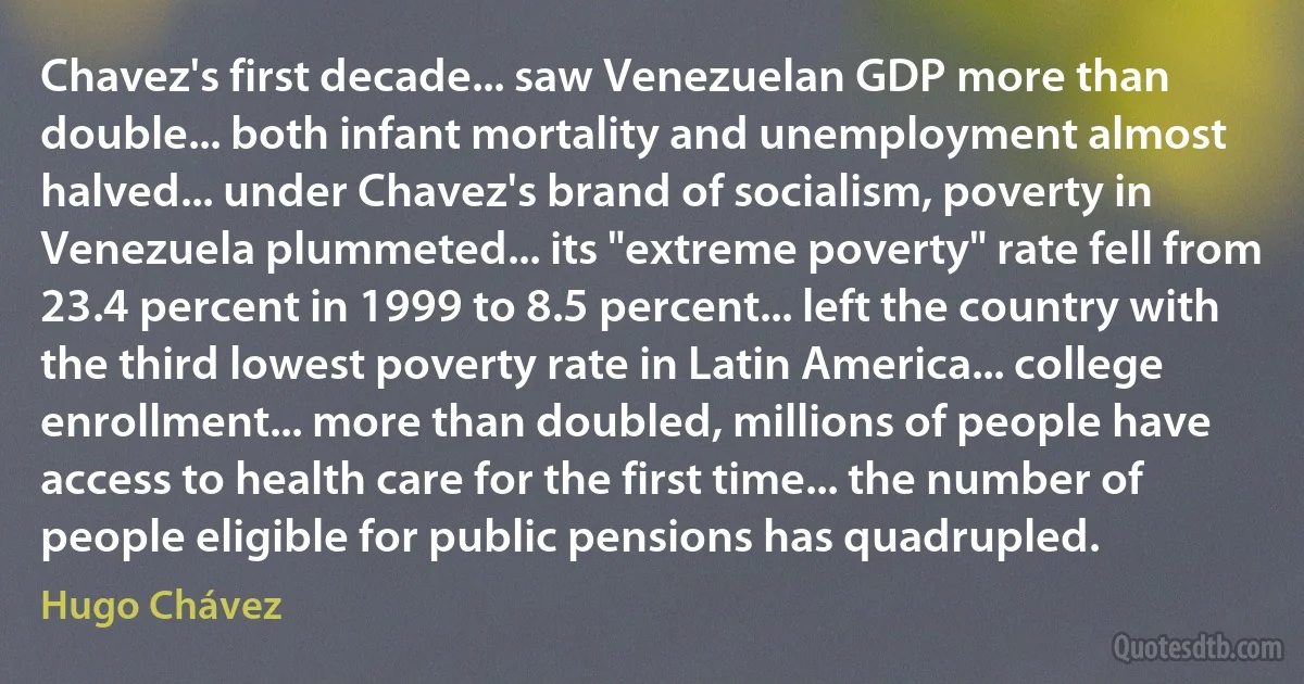 Chavez's first decade... saw Venezuelan GDP more than double... both infant mortality and unemployment almost halved... under Chavez's brand of socialism, poverty in Venezuela plummeted... its "extreme poverty" rate fell from 23.4 percent in 1999 to 8.5 percent... left the country with the third lowest poverty rate in Latin America... college enrollment... more than doubled, millions of people have access to health care for the first time... the number of people eligible for public pensions has quadrupled. (Hugo Chávez)