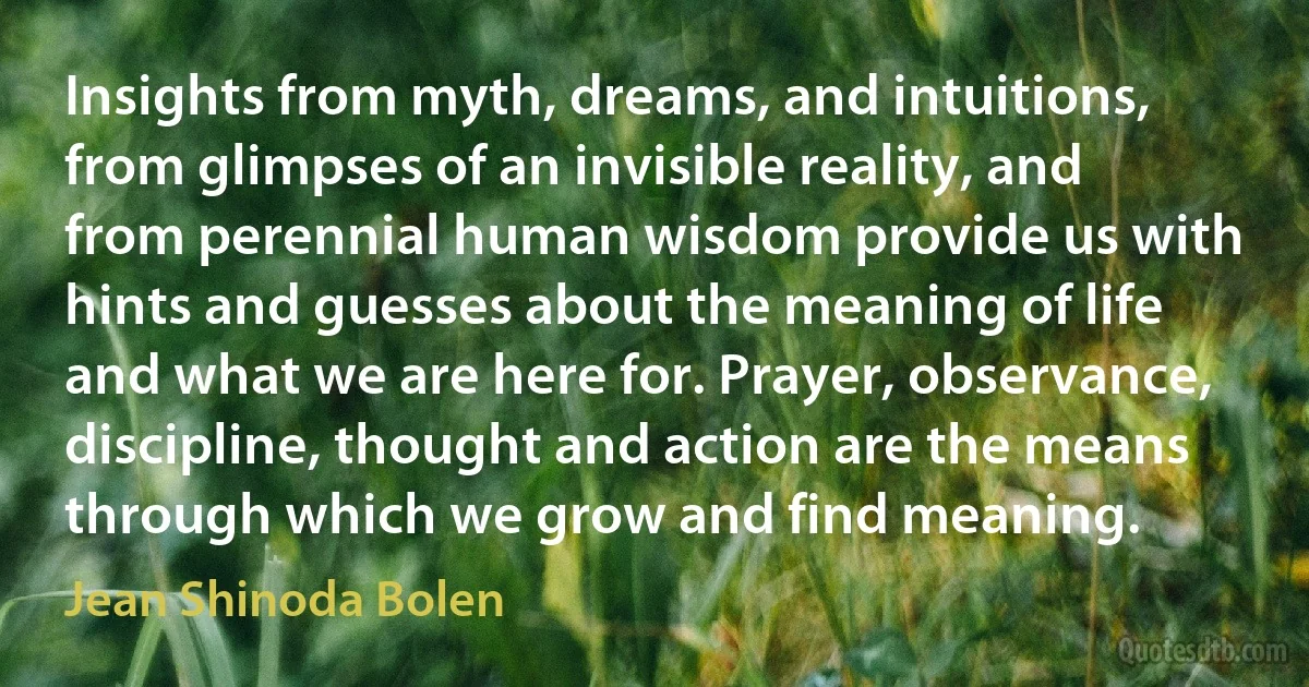 Insights from myth, dreams, and intuitions, from glimpses of an invisible reality, and from perennial human wisdom provide us with hints and guesses about the meaning of life and what we are here for. Prayer, observance, discipline, thought and action are the means through which we grow and find meaning. (Jean Shinoda Bolen)