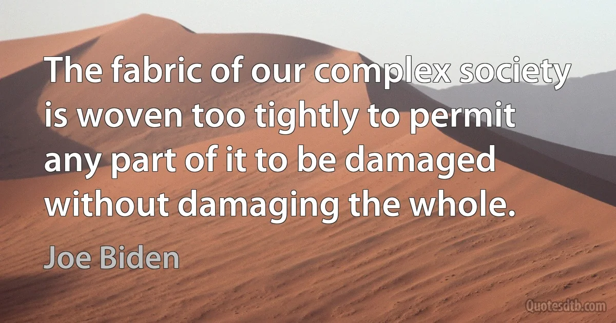 The fabric of our complex society is woven too tightly to permit any part of it to be damaged without damaging the whole. (Joe Biden)