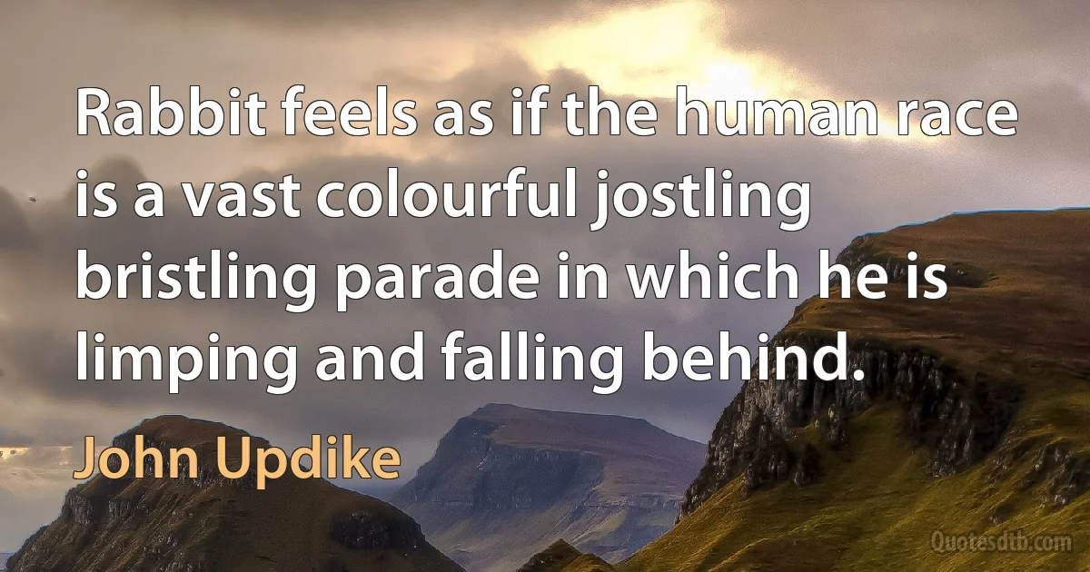 Rabbit feels as if the human race is a vast colourful jostling bristling parade in which he is limping and falling behind. (John Updike)