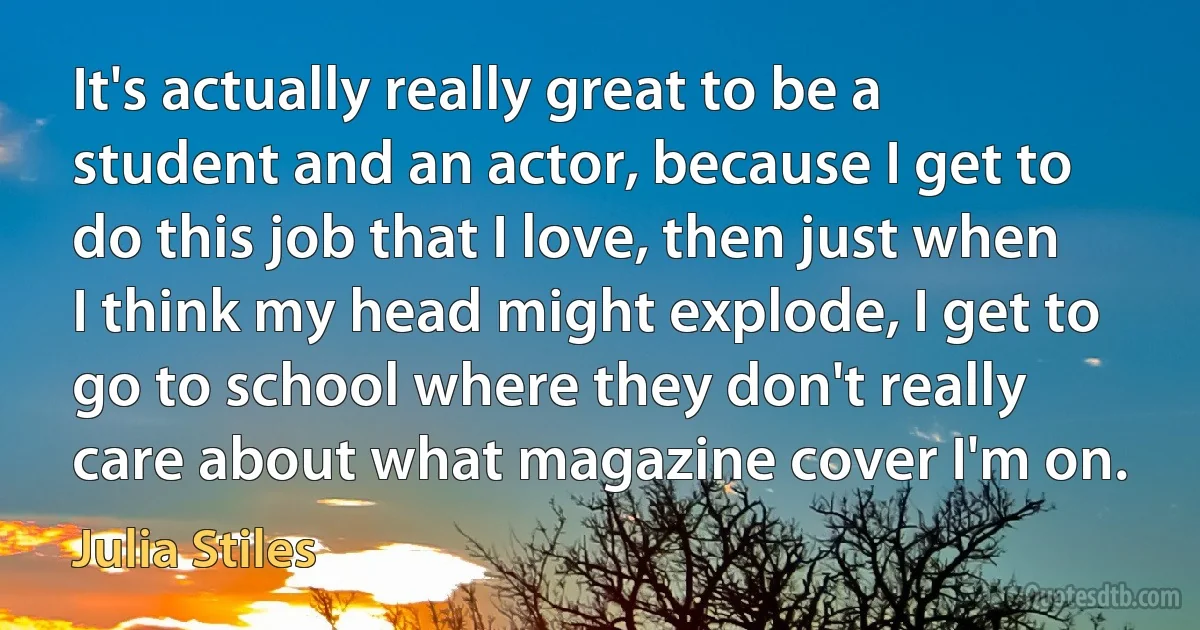 It's actually really great to be a student and an actor, because I get to do this job that I love, then just when I think my head might explode, I get to go to school where they don't really care about what magazine cover I'm on. (Julia Stiles)