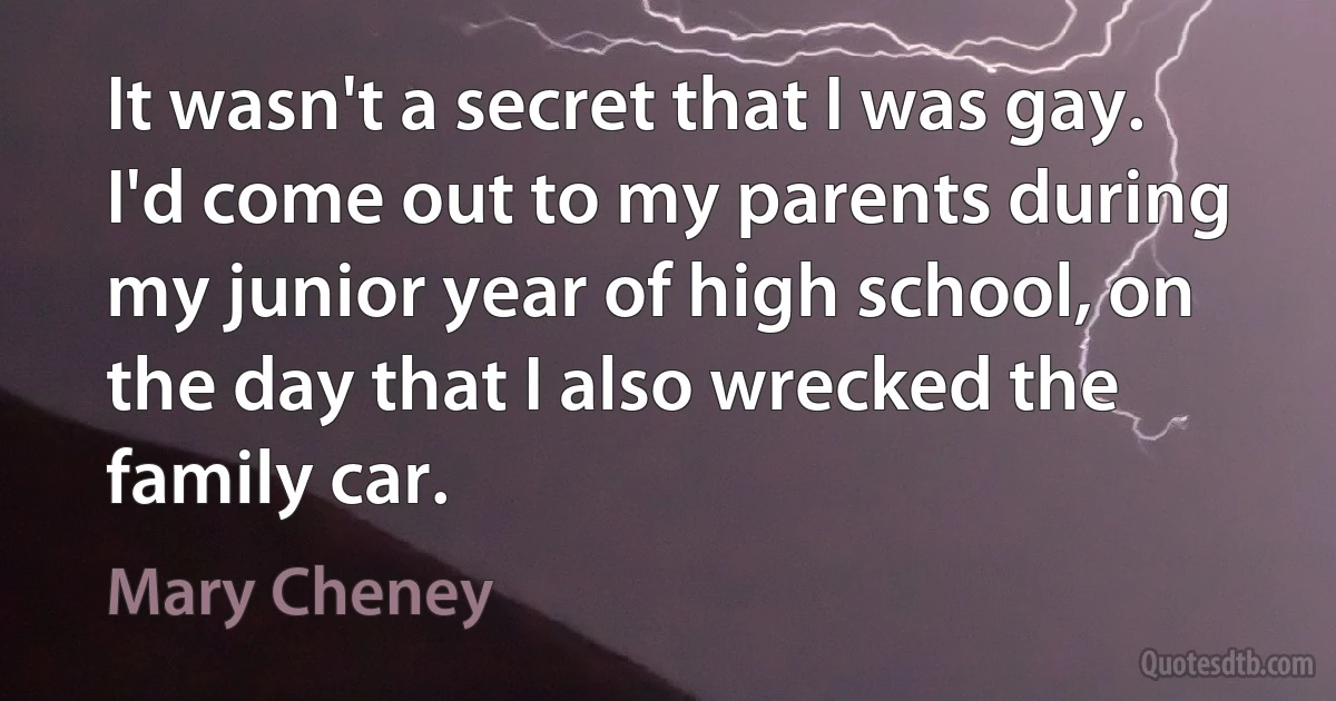 It wasn't a secret that I was gay. I'd come out to my parents during my junior year of high school, on the day that I also wrecked the family car. (Mary Cheney)