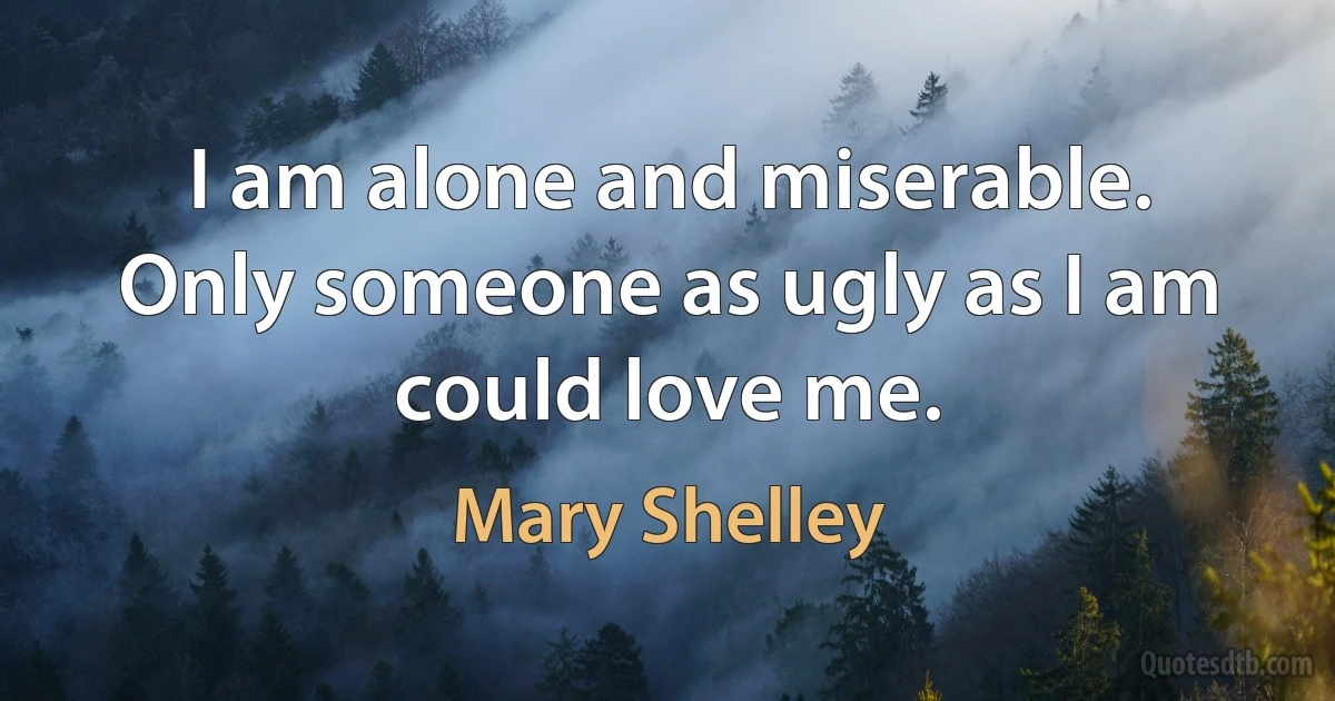 I am alone and miserable. Only someone as ugly as I am could love me. (Mary Shelley)