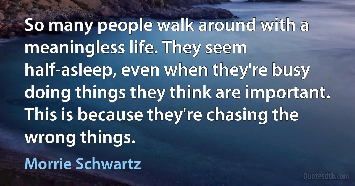 So many people walk around with a meaningless life. They seem half-asleep, even when they're busy doing things they think are important. This is because they're chasing the wrong things. (Morrie Schwartz)