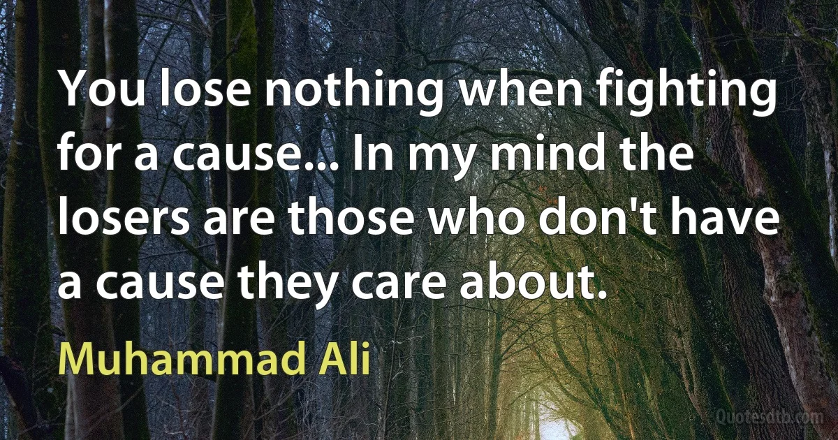 You lose nothing when fighting for a cause... In my mind the losers are those who don't have a cause they care about. (Muhammad Ali)