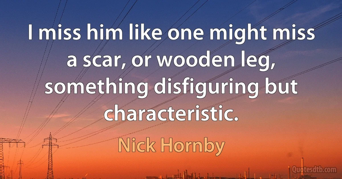 I miss him like one might miss a scar, or wooden leg, something disfiguring but characteristic. (Nick Hornby)