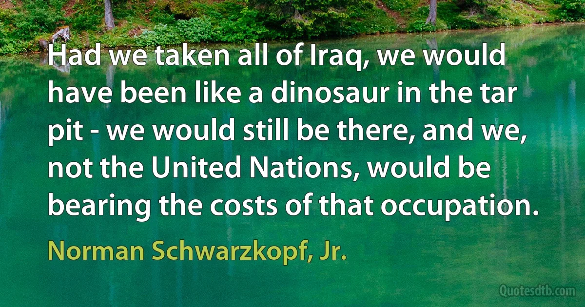 Had we taken all of Iraq, we would have been like a dinosaur in the tar pit - we would still be there, and we, not the United Nations, would be bearing the costs of that occupation. (Norman Schwarzkopf, Jr.)