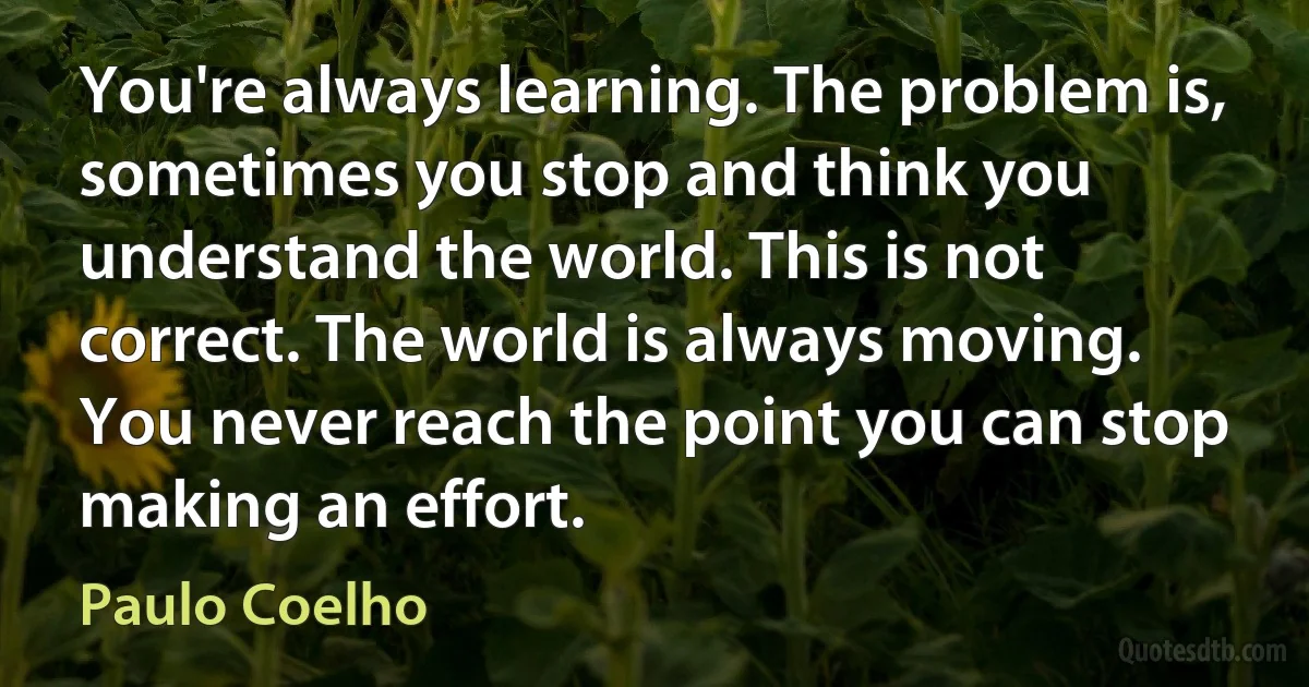 You're always learning. The problem is, sometimes you stop and think you understand the world. This is not correct. The world is always moving. You never reach the point you can stop making an effort. (Paulo Coelho)