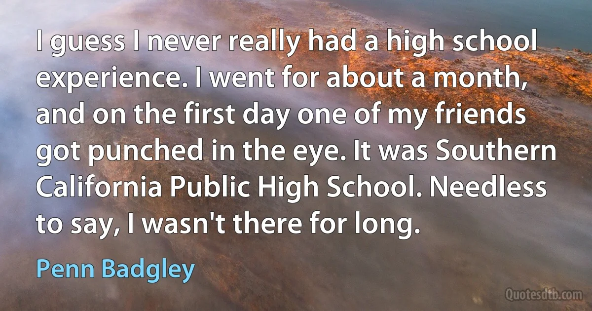 I guess I never really had a high school experience. I went for about a month, and on the first day one of my friends got punched in the eye. It was Southern California Public High School. Needless to say, I wasn't there for long. (Penn Badgley)