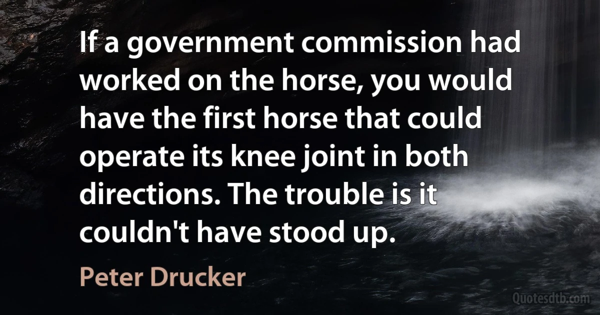 If a government commission had worked on the horse, you would have the first horse that could operate its knee joint in both directions. The trouble is it couldn't have stood up. (Peter Drucker)