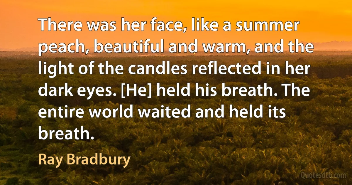 There was her face, like a summer peach, beautiful and warm, and the light of the candles reflected in her dark eyes. [He] held his breath. The entire world waited and held its breath. (Ray Bradbury)