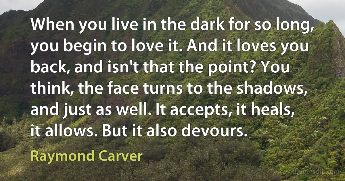 When you live in the dark for so long, you begin to love it. And it loves you back, and isn't that the point? You think, the face turns to the shadows, and just as well. It accepts, it heals, it allows. But it also devours. (Raymond Carver)