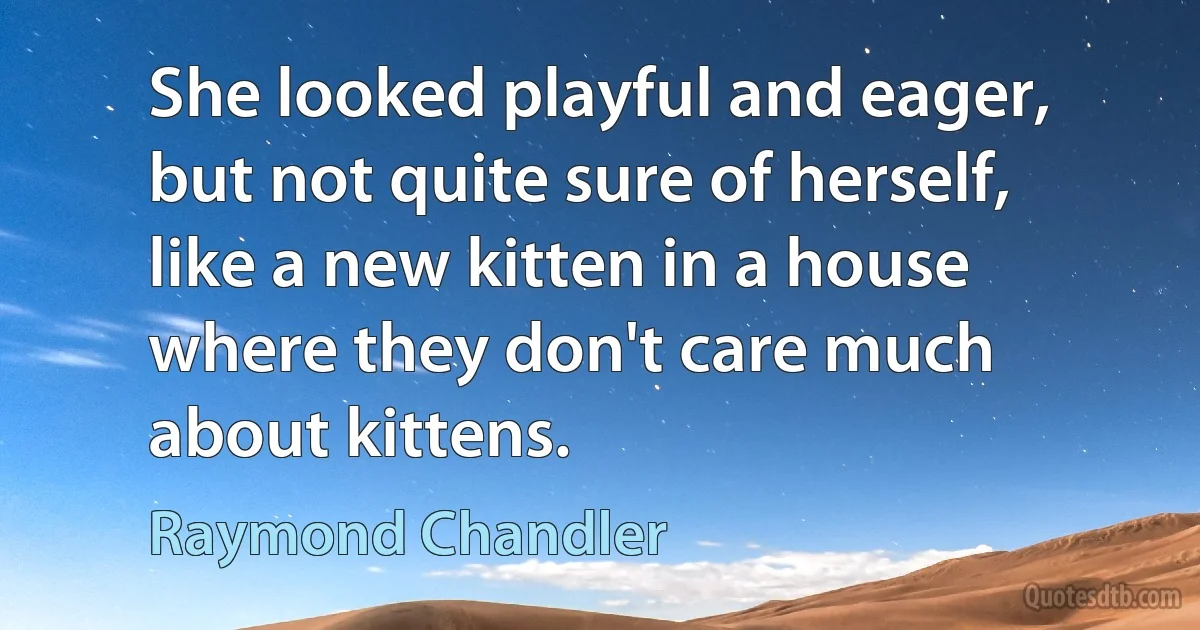 She looked playful and eager, but not quite sure of herself, like a new kitten in a house where they don't care much about kittens. (Raymond Chandler)