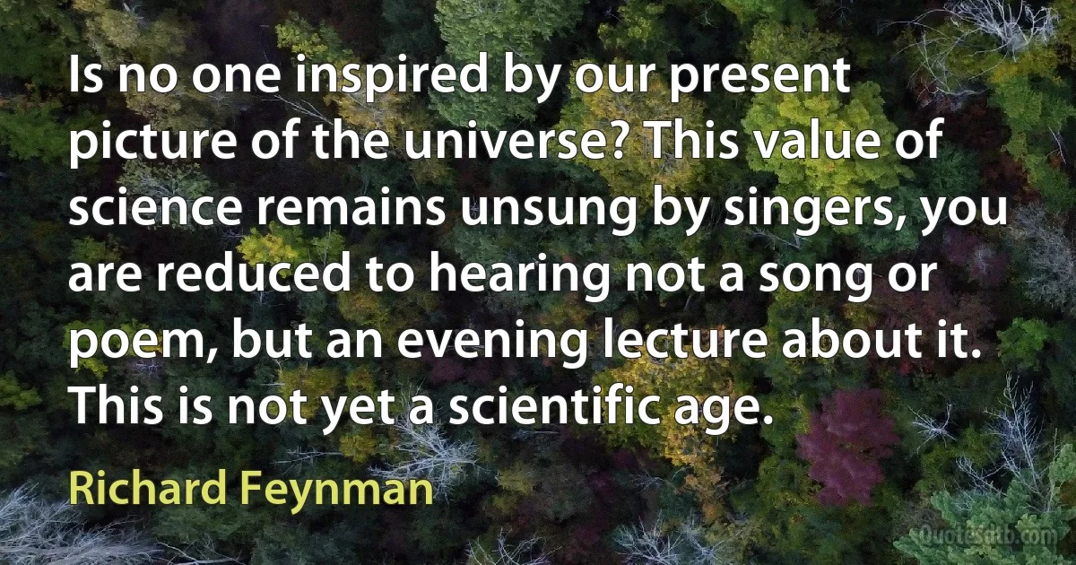 Is no one inspired by our present picture of the universe? This value of science remains unsung by singers, you are reduced to hearing not a song or poem, but an evening lecture about it. This is not yet a scientific age. (Richard Feynman)