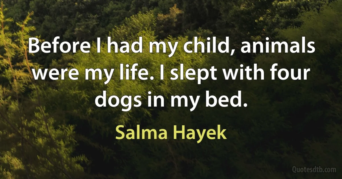 Before I had my child, animals were my life. I slept with four dogs in my bed. (Salma Hayek)