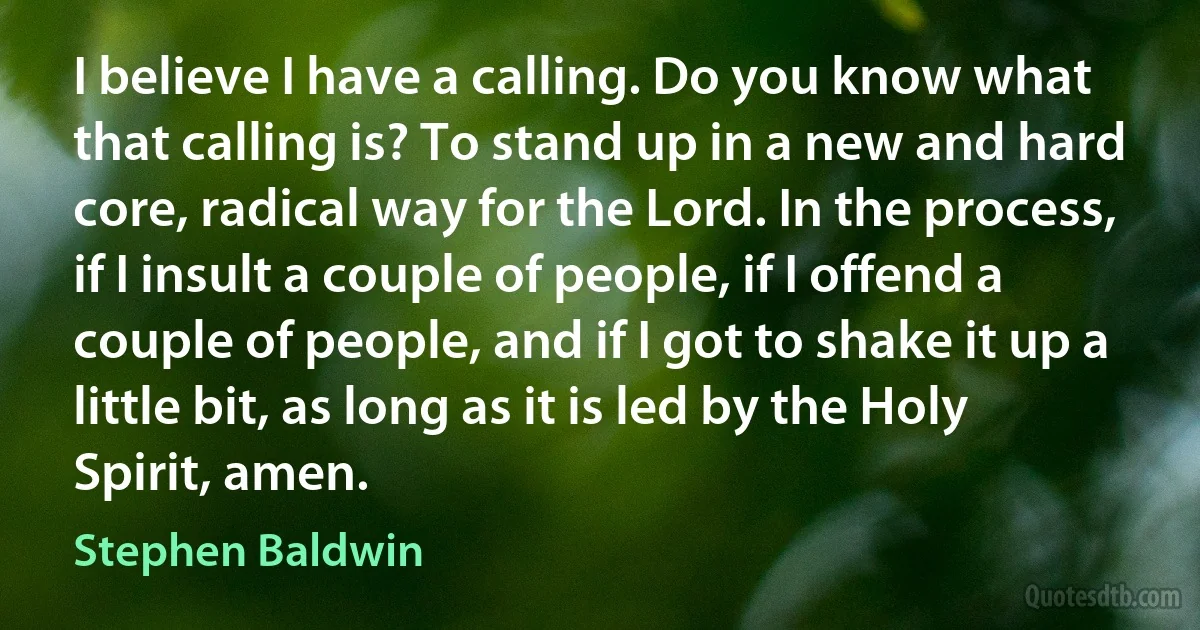 I believe I have a calling. Do you know what that calling is? To stand up in a new and hard core, radical way for the Lord. In the process, if I insult a couple of people, if I offend a couple of people, and if I got to shake it up a little bit, as long as it is led by the Holy Spirit, amen. (Stephen Baldwin)