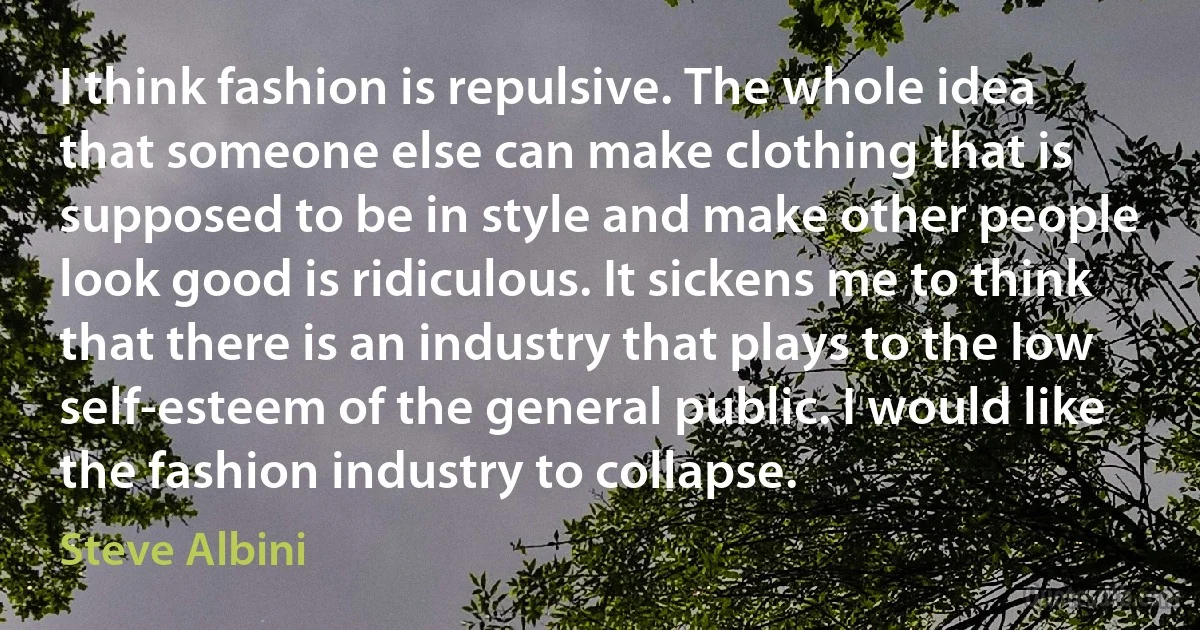 I think fashion is repulsive. The whole idea that someone else can make clothing that is supposed to be in style and make other people look good is ridiculous. It sickens me to think that there is an industry that plays to the low self-esteem of the general public. I would like the fashion industry to collapse. (Steve Albini)