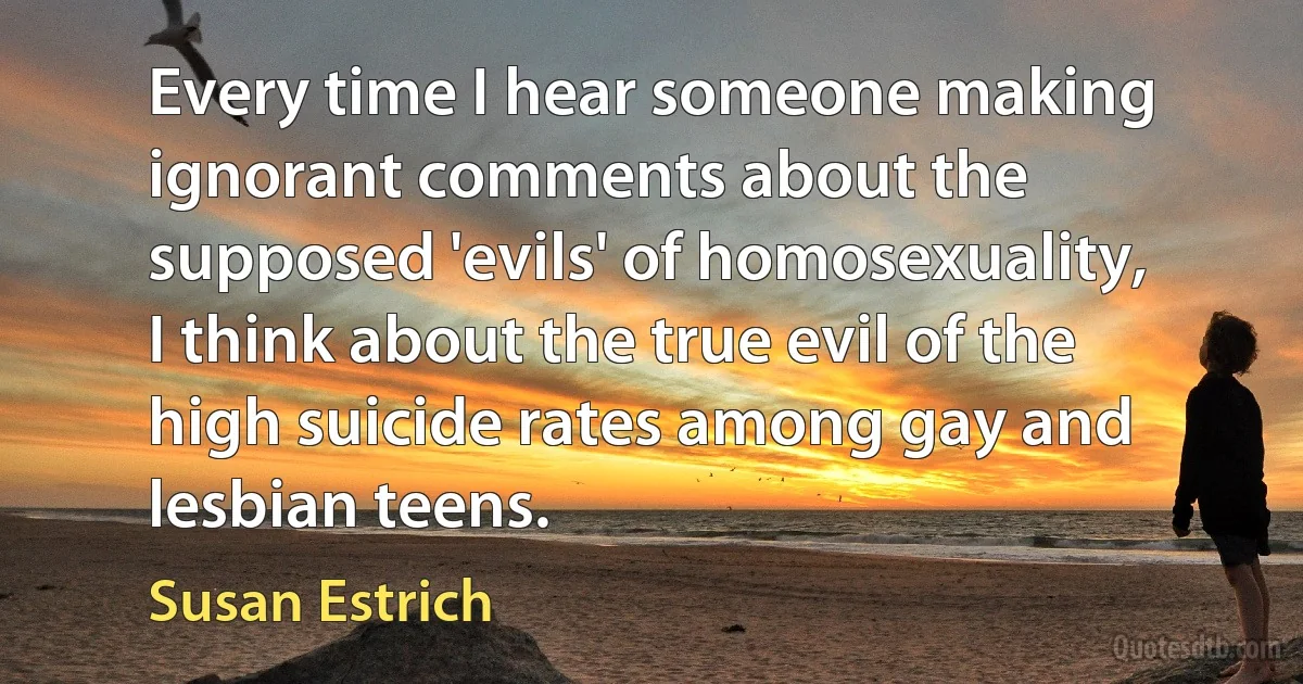 Every time I hear someone making ignorant comments about the supposed 'evils' of homosexuality, I think about the true evil of the high suicide rates among gay and lesbian teens. (Susan Estrich)