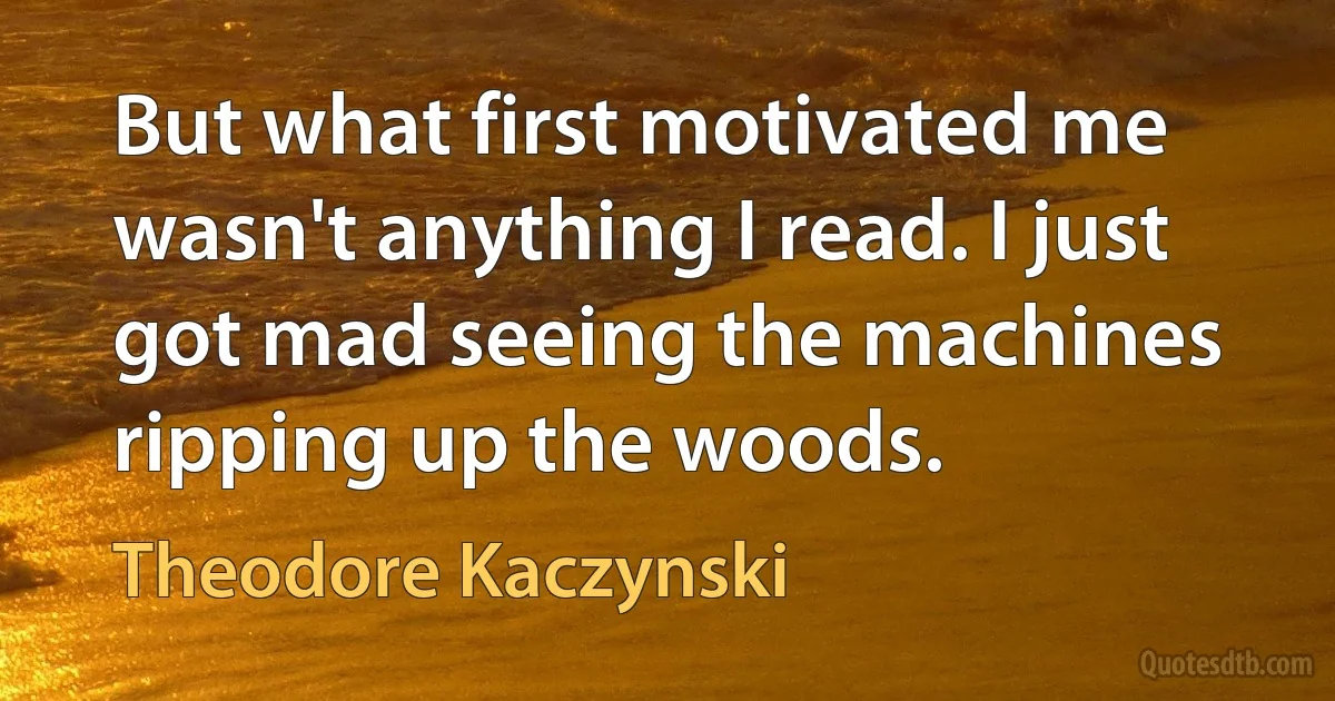 But what first motivated me wasn't anything I read. I just got mad seeing the machines ripping up the woods. (Theodore Kaczynski)