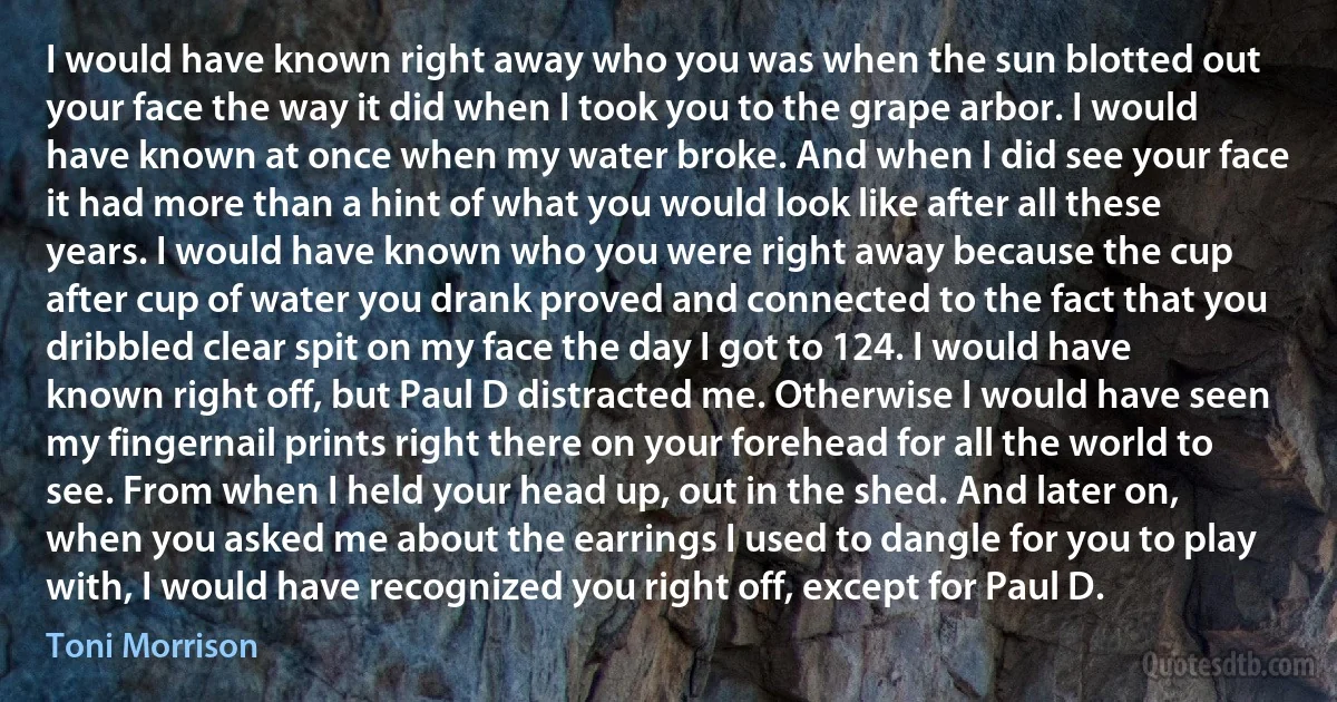 I would have known right away who you was when the sun blotted out your face the way it did when I took you to the grape arbor. I would have known at once when my water broke. And when I did see your face it had more than a hint of what you would look like after all these years. I would have known who you were right away because the cup after cup of water you drank proved and connected to the fact that you dribbled clear spit on my face the day I got to 124. I would have known right off, but Paul D distracted me. Otherwise I would have seen my fingernail prints right there on your forehead for all the world to see. From when I held your head up, out in the shed. And later on, when you asked me about the earrings I used to dangle for you to play with, I would have recognized you right off, except for Paul D. (Toni Morrison)