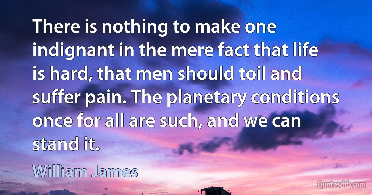 There is nothing to make one indignant in the mere fact that life is hard, that men should toil and suffer pain. The planetary conditions once for all are such, and we can stand it. (William James)