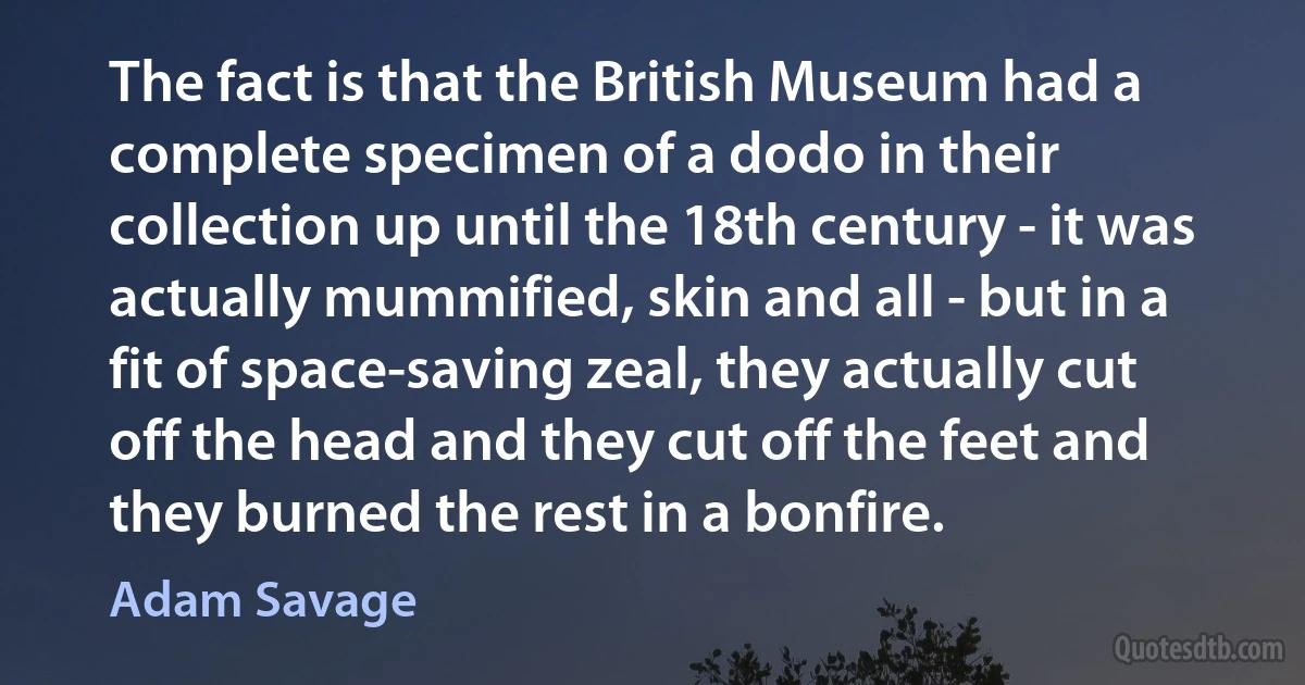 The fact is that the British Museum had a complete specimen of a dodo in their collection up until the 18th century - it was actually mummified, skin and all - but in a fit of space-saving zeal, they actually cut off the head and they cut off the feet and they burned the rest in a bonfire. (Adam Savage)