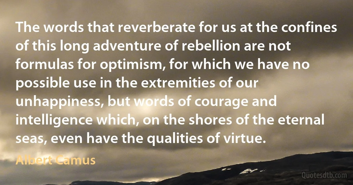 The words that reverberate for us at the confines of this long adventure of rebellion are not formulas for optimism, for which we have no possible use in the extremities of our unhappiness, but words of courage and intelligence which, on the shores of the eternal seas, even have the qualities of virtue. (Albert Camus)