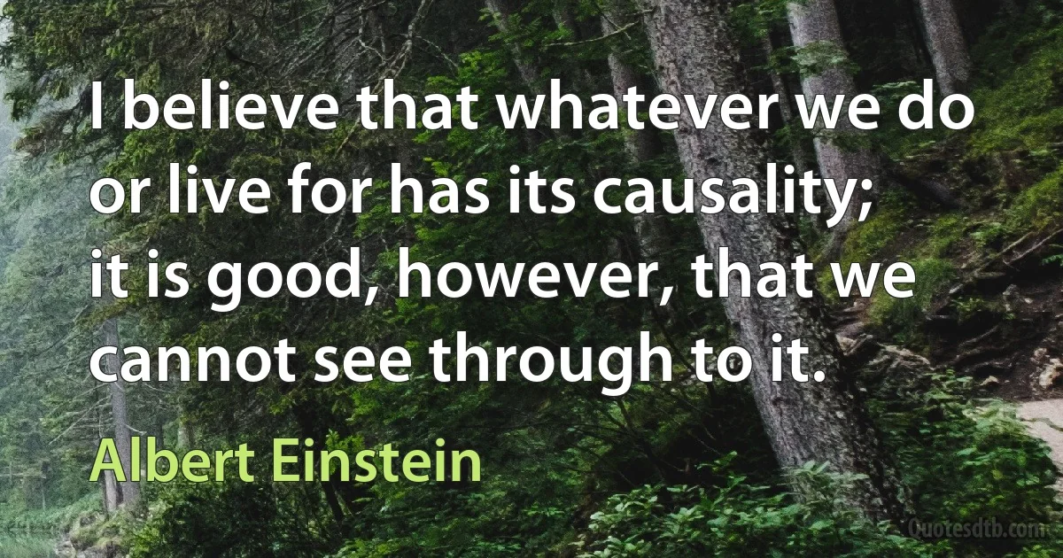 I believe that whatever we do or live for has its causality; it is good, however, that we cannot see through to it. (Albert Einstein)