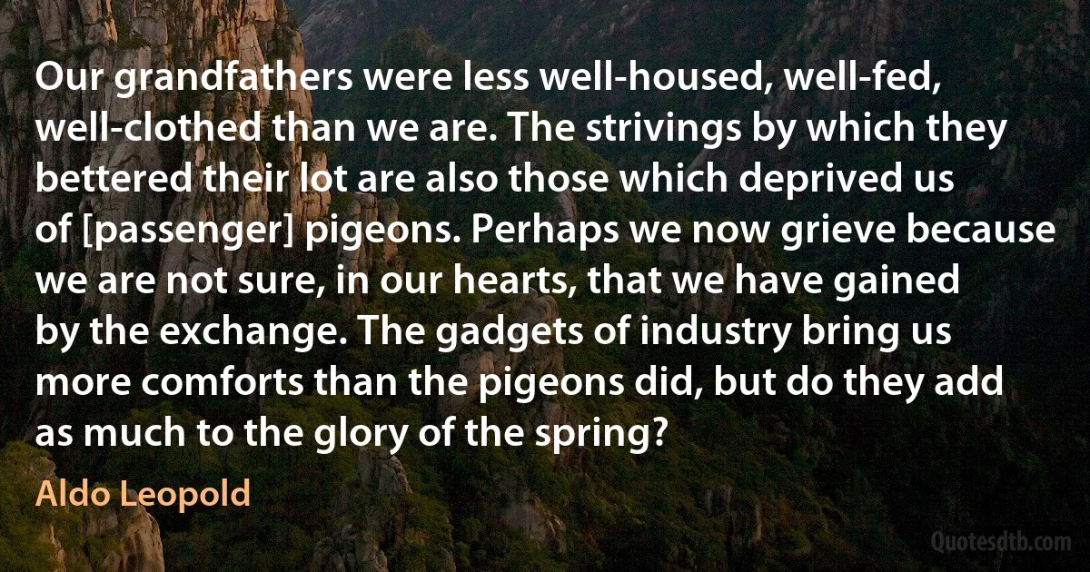 Our grandfathers were less well-housed, well-fed, well-clothed than we are. The strivings by which they bettered their lot are also those which deprived us of [passenger] pigeons. Perhaps we now grieve because we are not sure, in our hearts, that we have gained by the exchange. The gadgets of industry bring us more comforts than the pigeons did, but do they add as much to the glory of the spring? (Aldo Leopold)