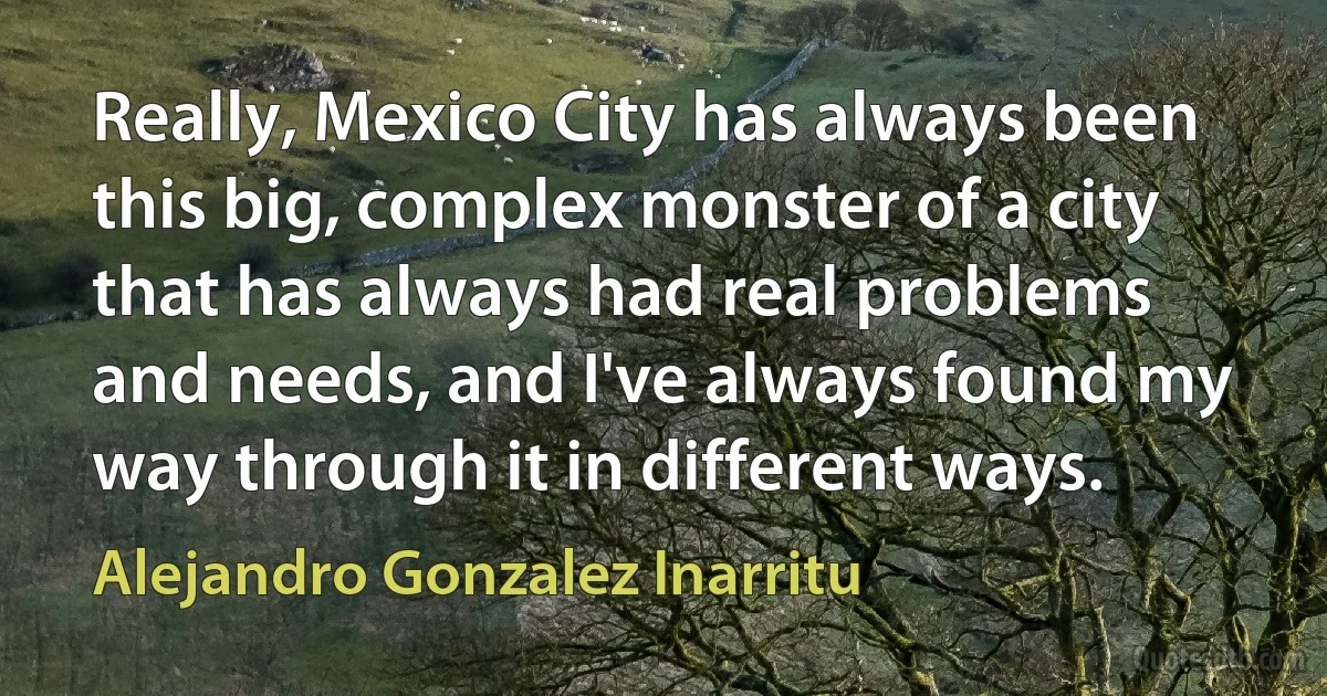 Really, Mexico City has always been this big, complex monster of a city that has always had real problems and needs, and I've always found my way through it in different ways. (Alejandro Gonzalez Inarritu)