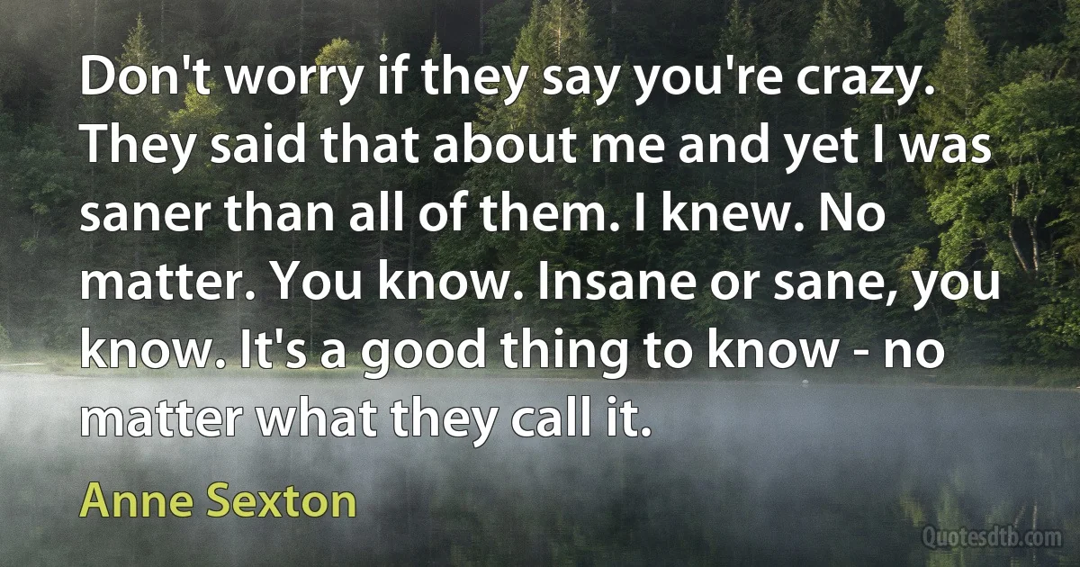 Don't worry if they say you're crazy. They said that about me and yet I was saner than all of them. I knew. No matter. You know. Insane or sane, you know. It's a good thing to know - no matter what they call it. (Anne Sexton)