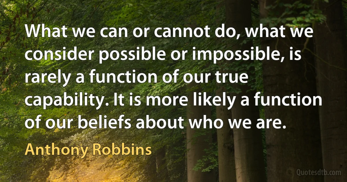 What we can or cannot do, what we consider possible or impossible, is rarely a function of our true capability. It is more likely a function of our beliefs about who we are. (Anthony Robbins)