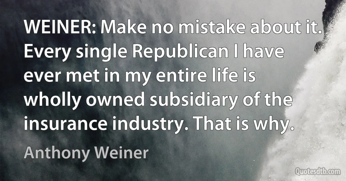 WEINER: Make no mistake about it. Every single Republican I have ever met in my entire life is wholly owned subsidiary of the insurance industry. That is why. (Anthony Weiner)