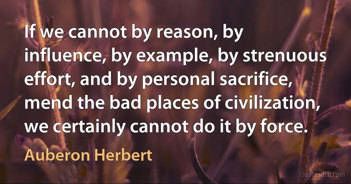 If we cannot by reason, by influence, by example, by strenuous effort, and by personal sacrifice, mend the bad places of civilization, we certainly cannot do it by force. (Auberon Herbert)