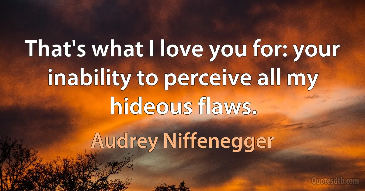 That's what I love you for: your inability to perceive all my hideous flaws. (Audrey Niffenegger)