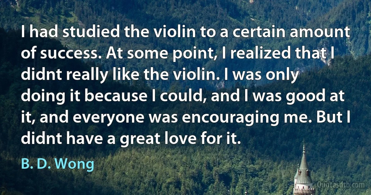 I had studied the violin to a certain amount of success. At some point, I realized that I didnt really like the violin. I was only doing it because I could, and I was good at it, and everyone was encouraging me. But I didnt have a great love for it. (B. D. Wong)