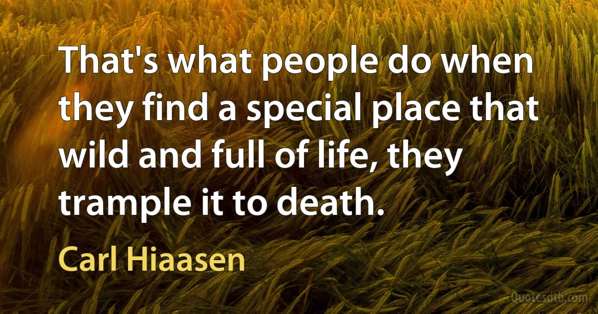 That's what people do when they find a special place that wild and full of life, they trample it to death. (Carl Hiaasen)