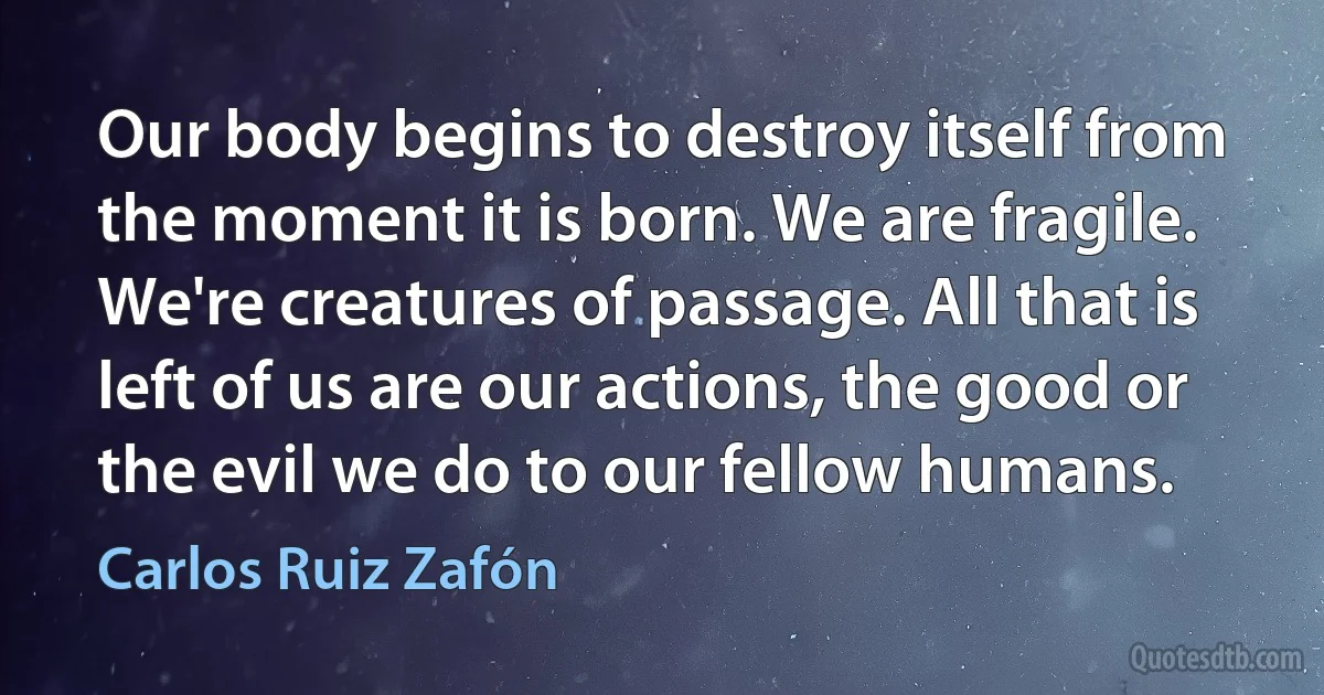 Our body begins to destroy itself from the moment it is born. We are fragile. We're creatures of passage. All that is left of us are our actions, the good or the evil we do to our fellow humans. (Carlos Ruiz Zafón)